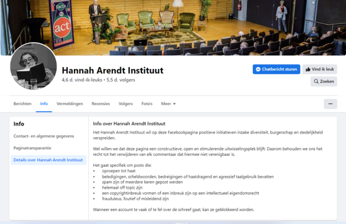 Screenshot van de moderatieregels van Hannah Arendt Instituut op de Facebook-pagina