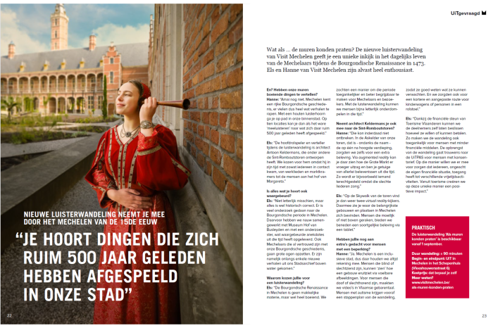 Een spread uit het magazine De Nieuwe Maan als promotie voor de luisterwandeling in Mechelen.